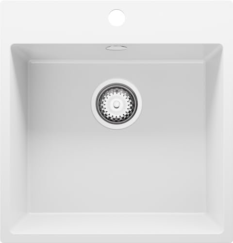 PRIMAGRAN Fregadero Cocina Blanco 48x50cm, Granito 1 Seno + Sifón, Sobre encimera al mueble 50cm - Riga