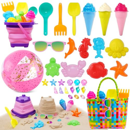 Giochi da Spiaggia per Bambini 37 Pezzi, Giocattoli Sabbiera, Set Giochi Giardino con Secchiello Mare 2L, Occhiali da Sole, 24'' Pallone, Borsa Mare, Stampi per Gelato, con Confezione Regalo