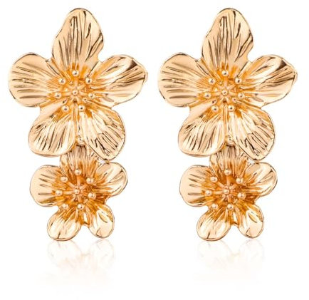 Goldene Doppel Blumenohrringe, Statement Goldene Blumen Ohrringe Boho-Chic Ohrringe Frauen Blumen Blumen Tropfenohrringe Feen Ohrringe Schmuck Besonderes Geschenk für Frauen und Mädchen