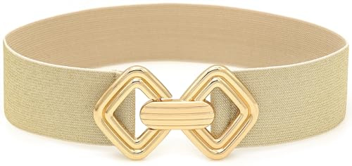 BAOKELAN Wide Elastic Waist Belts for Women Stretchy Skinny Belts with Gold Buckle for Dresses Bling Beige Gold 65cm/26in