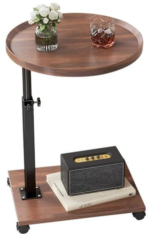 SINBINTA C-förmiger Beistelltisch, höhenverstellbarer Beistelltisch für Couch, Snack, Couchtisch für Sofa, Schlafzimmer, Wohnzimmer, Büro, Nachttisch mit 4 Rollen für kleine Räume (Walnuss, 40 x 40 cm