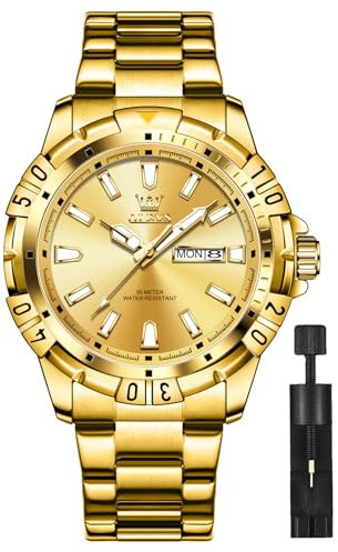 OLEVS Gold Uhr Herren Luxus Großes Zifferblatt Herren Armbanduhr Analog Kleid Herren Uhr Metallarmband Lässig Wasserdicht Herrenuhr Edelstahl Mode Leuchtend Geschenke Uhren für Männer