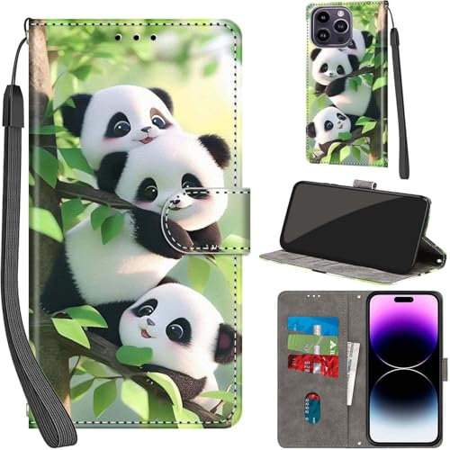 PHINIENLAND For iPhone 14 Pro Max Leather Wallet Case,Flip Protective Book Cover with Card Holder,Stand Wrist Strap Magnetic Flip Cover Compatible with for iPhone 14 Pro Max Case -Panda