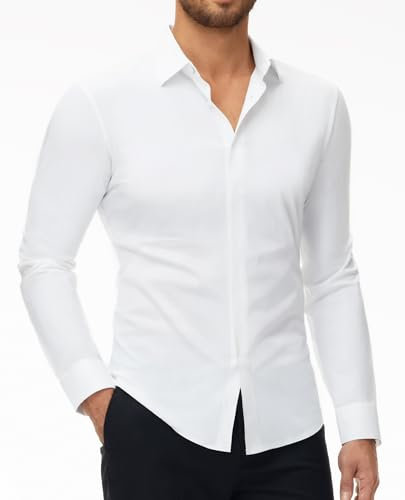 DEMEANOR Camisa elástica de manga larga para hombre, corte ajustado, camisa de negocios, sin planchado, camisa informal para hombre, 1 blanco., S
