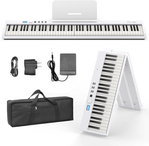 BESFAN Tastiera a 88 tasti BSP-10F Pianoforte pieghevole portatile con tastiera semi-pesata, 128 toni, USB MIDI, pedale sustain, leggio per principianti, regalo per principianti, bianco