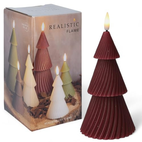 MIJOMA Candela a LED in vera cera con fiamma realistica, timer e funzionamento a batteria, per interni con luce bianca calda, effetto naturale (rosso scuro, albero di Natale, diametro 7,5 cm x 11 cm)