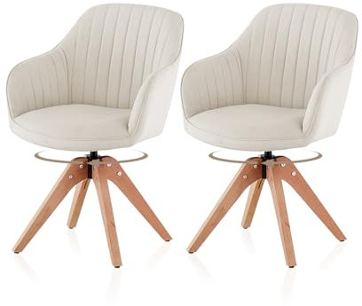 TUKAILAI Esszimmerstühle Drehbar 2er-Set aus Leinen, Drehstuhl Esszimmer mit Armlehnen Rückenlehne Massivholzbeine,Küchenstuhl Polsterstuhl Armlehnenstuhl für Wohnzimmer Küche Schlafzimmer, Creme
