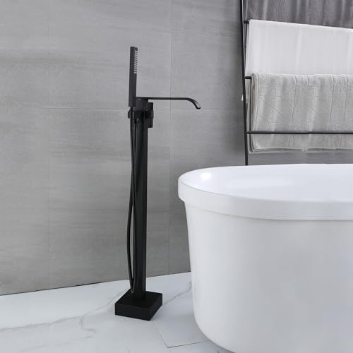 Rubinetto per vasca da incasso Miscelatore vasca da bagno nero con doccia a cascata, maniglia singola, acqua calda e fredda rotante(