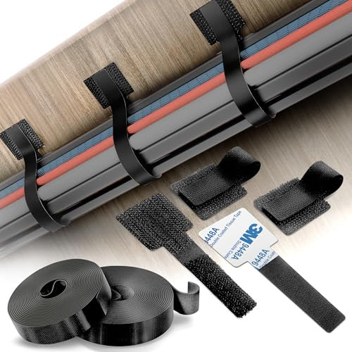 Under-Desk Cable Management Kit – 40PCS Self-Adhesive Hook and Loop Ties with 2 Rolls Extension Straps – Made with 3M Tape – Adjustable Sticky-Back Wire Organiser for Home & Office (Black)