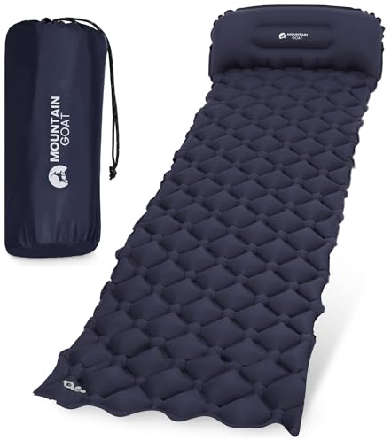 Mountain Goat Ultraleichte Isomatte Aufblasbar, 190x58x5 cm, Camping Luftmatratze mit Integriertem Kissen, Matratze für Trekking, Wandern & Zelt, Reißfestes Nylon mit TPU-Beschichtung, Marineblau