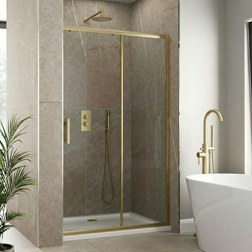 Luxura® 1400mm Sliding Shower Door Screen for Wet Room Cubicle Enclosures, 6mm Toughened Safety Glass, Framed, Reversible, Brushed Brass