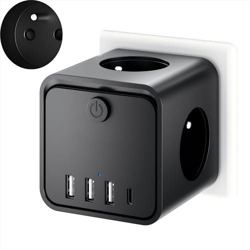 7 en 1 Multiprise Murale, Multiprise avec 3 Prises Française, Prise Multiple Secteur avec 1 Type C et 3 Ports USB, Adaptateur USB Multiprise Cube pour Domicile, Bureau.