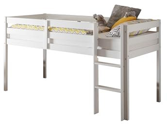 Hochbett >Alvin< zeitlose, aus Kiefer teilmassiv, weiß lackiert, stabile Bauweise, flexible Leiter, inkl. Latten-Rollrost, 90x200 cm Liegefläche, ideal für Kinderzimmer, 97x113x207cm (BxHxT)