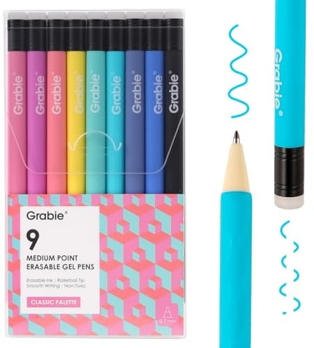 Grabie Erasable Gel Pens, Medium Point 0.7 mm Erasable Pens, Make Mistakes Disappear for Drawing Writing Planner, Pack of 9 Assorted Colors