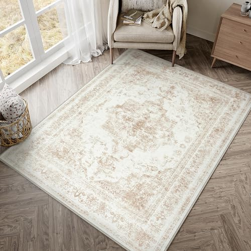 HUGEAR Creme Vintage Teppich Wohnzimmer 120x180cm Waschbar | Waschbarer Retro Teppich,Weich,Rutschfest Kurzflor,Groß,für Wohnzimmer,Schlafzimmer, Esszimmer,Büro,Carpet,Teppiche