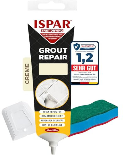 ISPAR Malta crema 400 g – Stucco pronto per fughe di piastrelle, con spatola e spugna di pulizia, per bagno, cucina e riparazione delle fughe, inodore e adatto all'uso quotidiano