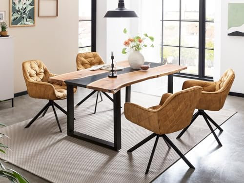 Woodkings Essgruppe River I Esstisch 170x90 mit 4 Stühlen drehbar | Baumkantentisch Epoxidharz I Ideal für Esszimmer und Küche | Akazienholz - Design, Flexibilität & Komfort