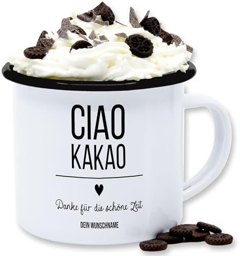 Emaille Tasse Blechtasse - Erzieher - Ciao Kakao Danke für die schöne Zeit I Abschied Geschenk Kindergarten I Schule Abschiedsgeschenk Kita Abschied Kollegen Geschenk Jobwechsel - 300 ml - Weiß