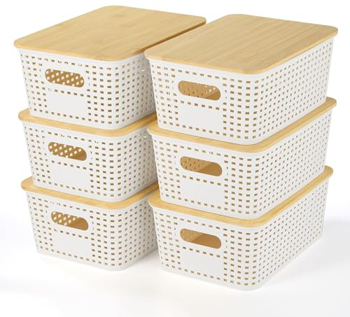 VIIHTYISA Scatola di Conservazione in Plastica con Copertura in Bambu, Impilabile per Organizzare in Scaffali, Cassetti, Scrittori, Armadietti, Sale Giochi e Uffici, Set da 6, Bianco