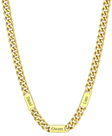 Custom4U Personalisierte Kette 1-6 Namen, Cuban Kette mit Gravur Edelstahl Silber/Gold/Schwarz Namenskette für Herren 5/7/9mm Breit 45/50/55/60cm+5cm Länge, Schmuckgeschenk für Papa Ehemann Liebhaber