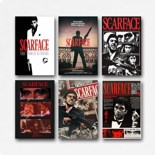 GDNWHINZL A Set Of 6 Scarface Poster Music Movie Classic Vitage Cover Posters Für Zimmer, Ästhetische Leinwand-Wandkunst, Schlafzimmer-Dekor 08x12inch(20x30cm)