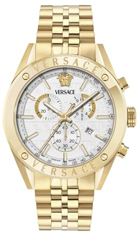 Versace Analoge Quarzuhr für Herren, recycelter Stahl, Gehäuse 44 mm, Armband aus Stahl mit Schmetterlingsverschluss, Saphirglas, Chrom, Batterie enthalten, Farbe zweifarbig Gold, 5 ATM