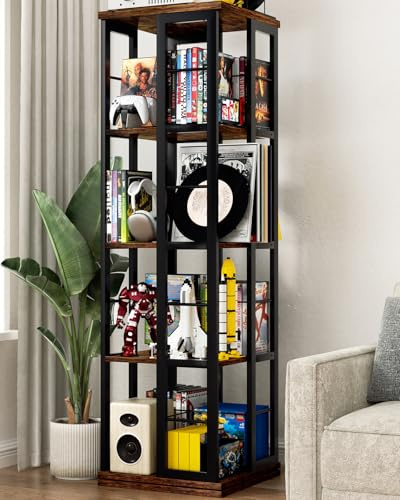 iSunirm Drehbarer Bücherregal, Eckregal, 360° drehbares Bücherregal aus Holz, Standregal, schmales Regal, drehbarer Organizer, Aufbewahrungsregal für kleine Räume, Schlafzimmer, Arbeitszimmer, braun