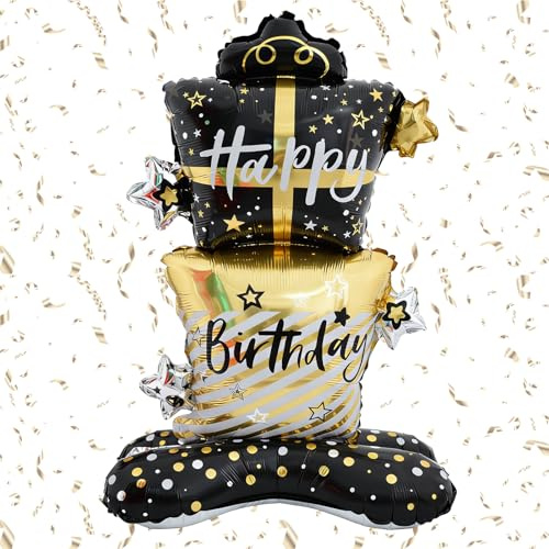 Ovanda Folienballon Geburtstag XXL, Stehend Happy Birthday Ballon Schwarz Gold, Geschenkbox Torten Geburtstagsballons, Helium Ballons Geburtstag Deko für Kindergeburtstag Deko Junge Mädchen, Babyparty