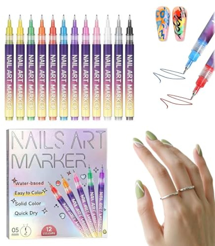 Penne per Nail Art, Pennarelli a Base d'Acqua per Unghie, 12 Colori Vivaci, Punta Fine 0.5mm, Asciugatura Rapida, Set per Decorazioni Manicure Fai da Te