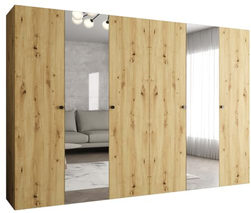 MEBLE KRYSPOL - Kleiderschrank - Garderobenschrank - 300 cm x 202 x 52 cm - Schrank mit Kleiderstange und Spiegel, 6 Türen - für Schlafzimmer, Flur - Parma, Artisan-Eiche, Griff Schwarz