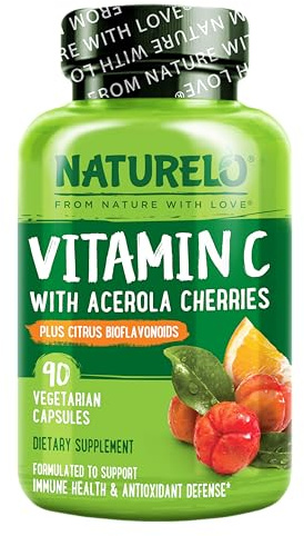 NATURELO Vitamin C with Organic Acerola Cherry Extract and Citrus Bioflavonoids - Vegan Supplement - Immune Support - 500 mg VIT C per Cap - Non-GMO - 90 Capsules
