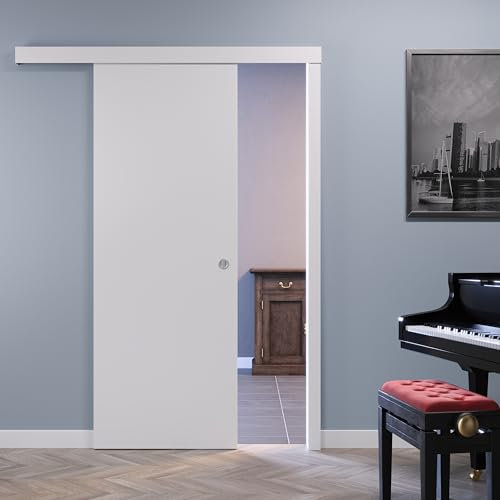 Porta scorrevole esterno muro BIANCO completa di binario e mantovana (70x210) (con serratura Cromo satinato)