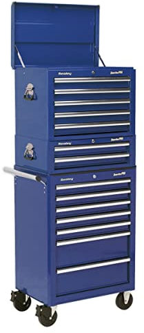 Sealey APSTACKTC Topchest, Mid-Box & Rollcab Combination 14 Drawer with Ball Bearing Slides - Blue