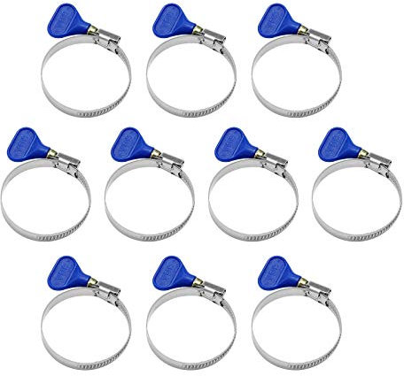 10-Pack Blue Stainless Steel Thumb Screw Hose Clamp, Key-Type Adjustable Hose Clamp, 32-50 mm (1-1/4 to 2), 9mm Bandwidth for Plumbing Automotive