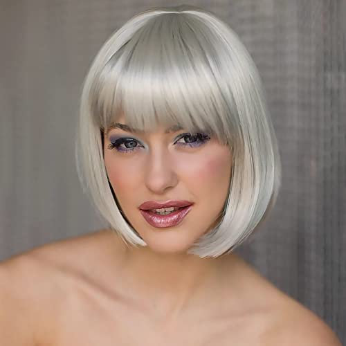 YEESHEDO Damen Silber Grau Kurze Bob Gerade Haar Perücken mit Pony Hitzebeständige Synthetische Bunte Perücke für Frauen für Tägliche Party Cosplay Kostüme