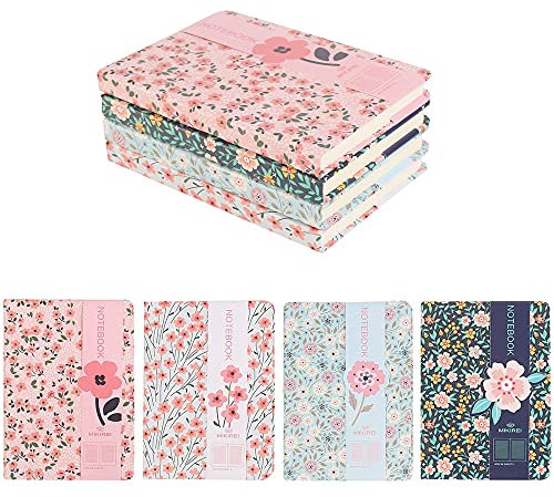 Shulaner Notizbuch Blumen A6 Liniert, 192 linierte Seiten Hübsches Pocket Notebook lined, Hardcover Floral Diary Journal Notizbücher Notizblöcke, 4er-Pack - Blume