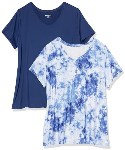 Amazon Essentials Damen Active Quick Dry Tech Stretch Kurzarm-T-Shirt mit V-Ausschnitt (in Übergröße erhältlich), 2er-Pack, Marineblau/Weiß Batik, XXL