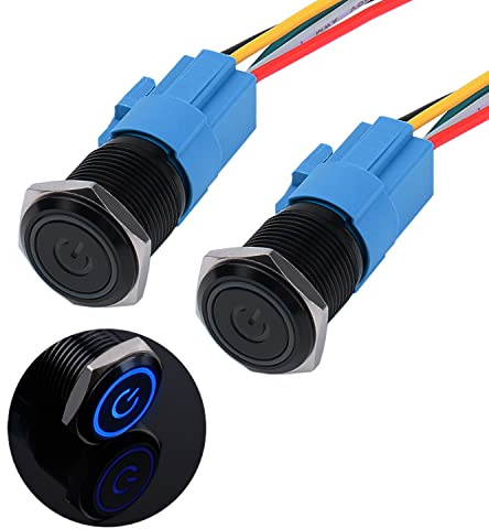 JIQI 2× 16mm Rastende wasserdichte Druckschalter 12V bis 24V 3A Latching Push Button mit LED Power Symbol einrastend Schalter aus Metall schwarz vorverdraht Drucktastenschalter mit IP66 1NO 1NC (Blau)