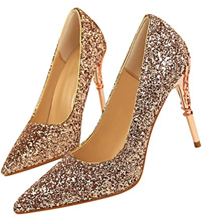 ticticlily Damen Klassische High Heels Pailletten Pumpe Sexy Spitz Stilett Schuhe Einfachheit Elegant Büro Bankett Formelle Anlässe Pumps Champagner 36 EU