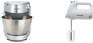 Kenwood Prospero Plus KHC29.A0SI Stand Mixer for Baking, Compact 4.3 Litre Bowl, 3 Bowl Tools, 1000 W, Silver & Hand Mixer,Electric Whisk, 5 Speeds, 450 W, HMP30.A0SI, White