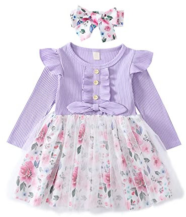 Haokaini Toddler Baby Girls Floral Dress Long Ruffle Sleeve Cotton Ribbed Bow Splicing Dress Princess Tutu Skirt Fall Clothes Set Purple