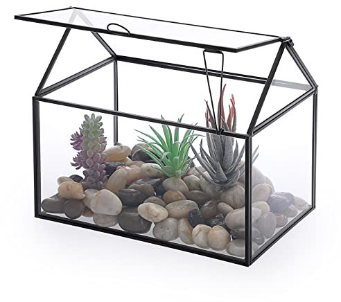 JUXYES Pflanzenterrarium in Hausform, mit Schwingdeckel, geometrischer Glas-Terrarium-Pflanzgefäß für Moosfarn, Tisch-Fensterbank-Display, Pflanzkasten, Displaybox für Blumen, Sukkulenten