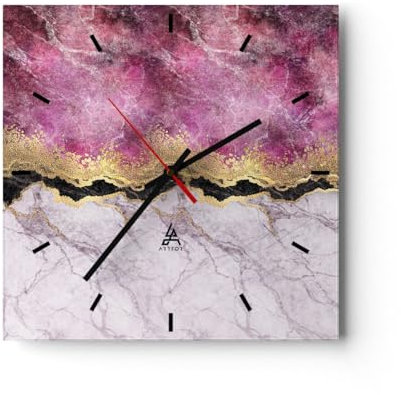 Modern Wanduhr Rosa golden Hintergrund 30x30cm Quadrat Klein Wand Uhr Glas Analog Zimmeruhren Küche Büro Wohnzimmer Glasuhr Wall Clock Dekoration Design Wanddekoration Küchenuhr C3AC30x30-5038