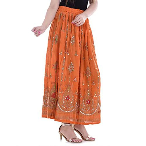 SATYA EXPORTS Damenrock, lang, Paillettenrock, Boho, Bauchtanz, Viskose, Pailletten, Rock, Einheitsgröße, Orange, 52