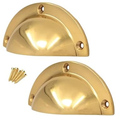 SISI UK Polished Brass 85mm Door Cabinet Cup Shell for Pull Handle Kitchen Cupboard Brass Bin Cup Handles Cup Pulls Drawer Handles Shell Cup Pull Handles for Cabinets Pack of 2.