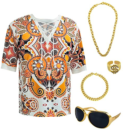 MRYUWB Hippie Herren 60er und 70er Jahre Disco Kleidung Shirts Strand Kordelzug Bedruckt Kurze Ärmel 5 Stück Disco Motto Party, Bedruckte Kurze Ärmel mit Kordelzug, XX-Large