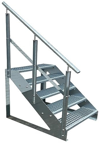 Escaleras de zanca de acero 5 Escalones Independiente Totalmente galvanizada con barandilla a la izquierda - Medidas (L x A x A) 101cm x 60cm x 95cm Resistente a la intemperie y la corrosión