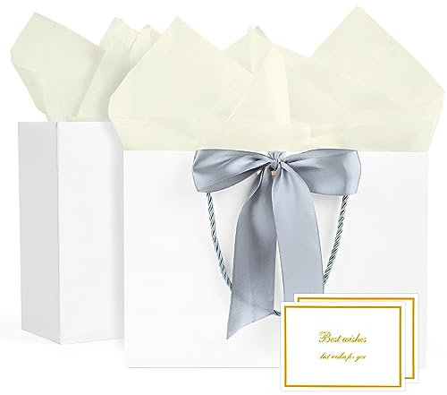 BBLIKE Geschenktüten 2 Stück Papiertüten mit Schleifenbändern + 2 Grußkarten + 4 Taschentüchern, Geschenktaschen mit Henkel Partytüten Bodenbeutel Kreuzbodenbeutel für Geburtstag Hochzeit Feier Party