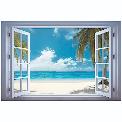 Sticker Trompe l’oeil Fenêtre Plage | adhésifs Effet 3D | Stickers muraux Chambre adulte - Sticker Mural 3D - Vue panoramique - Adhesif Mural Trompe l'oeil Chambre (70x46 cm)