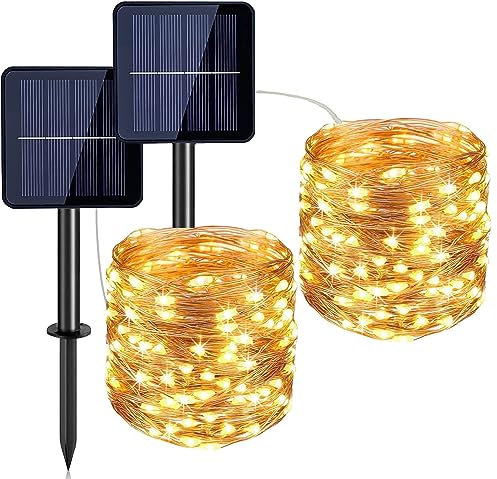 Probuk Solar String Lights Outdoor, 2-Pack 12M/40Ft 100 LED Waterproof Fairy Lights for Garden, Patio, Fence, Tree, Wedding & Party (Warm Yellow)